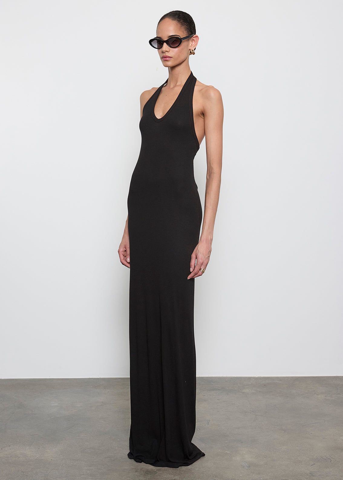 Silk Rib U Halter Fluid Maxi Dress | Black