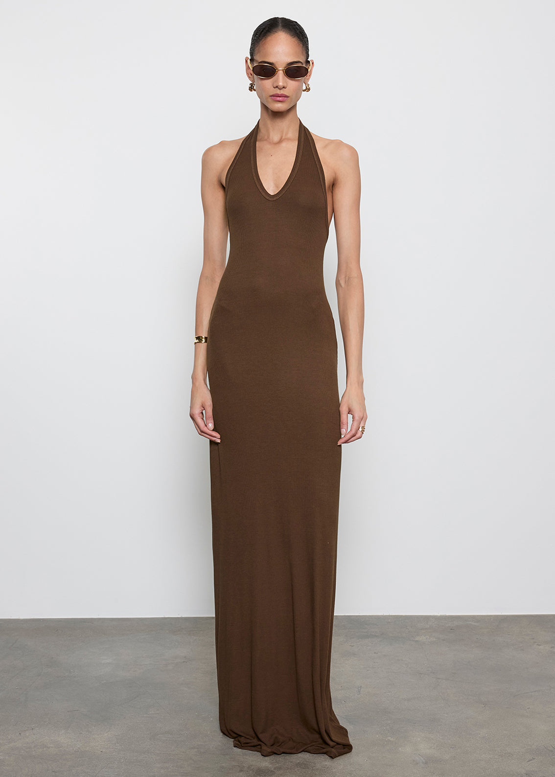 Silk Rib U Halter Fluid Maxi Dress | Chocolate