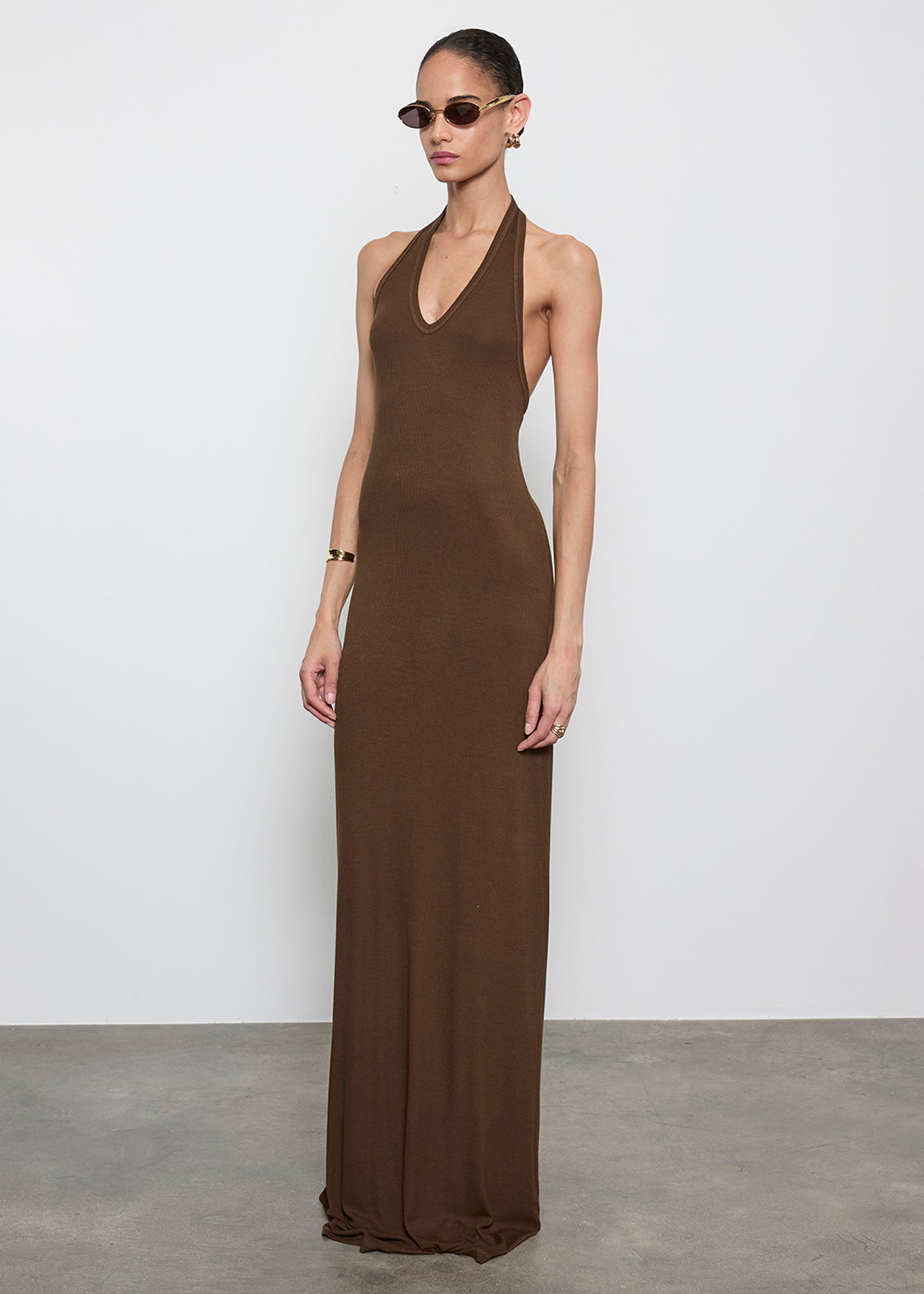 Silk Rib U Halter Fluid Maxi Dress | Chocolate