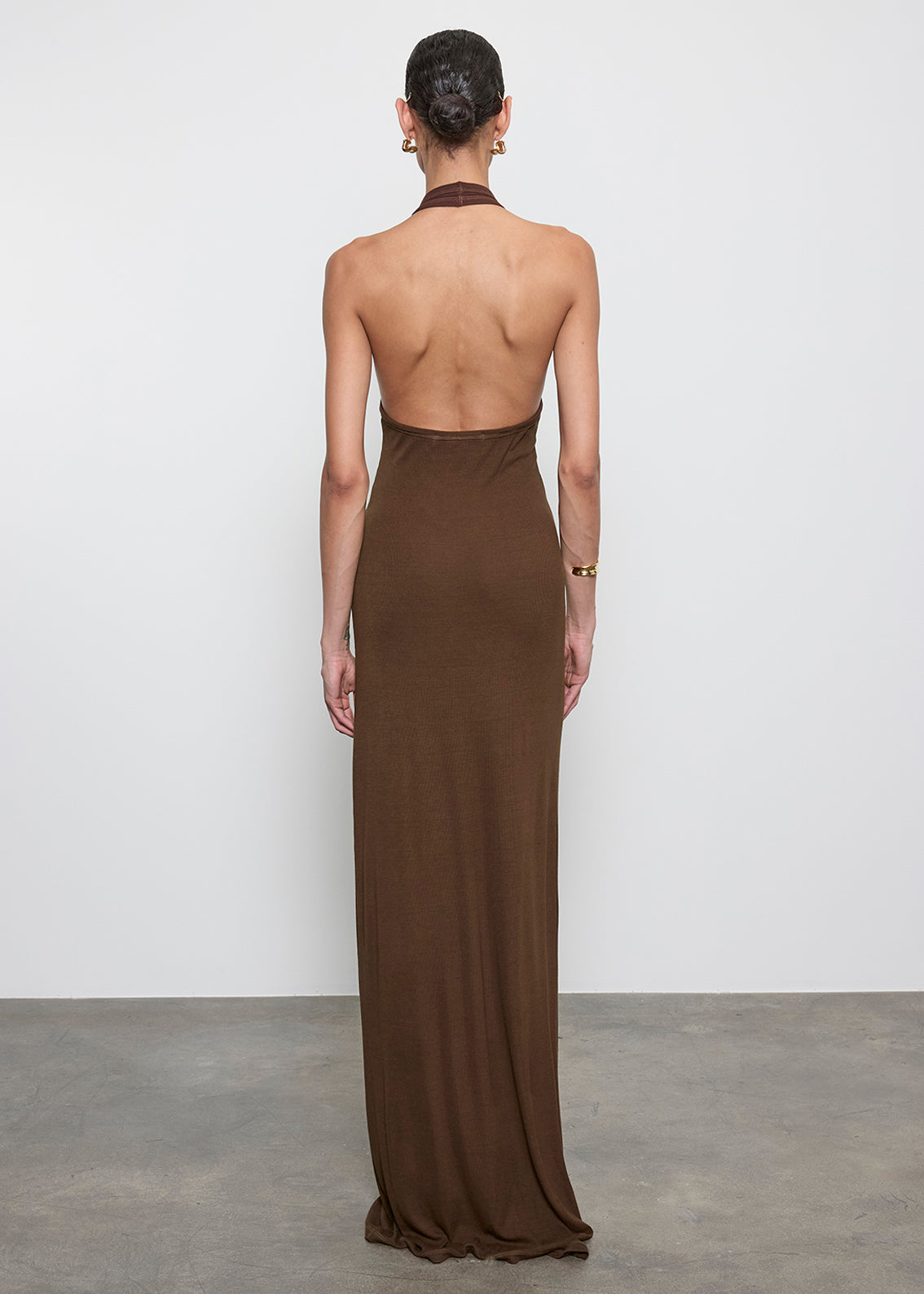 Silk Rib U Halter Fluid Maxi Dress | Chocolate