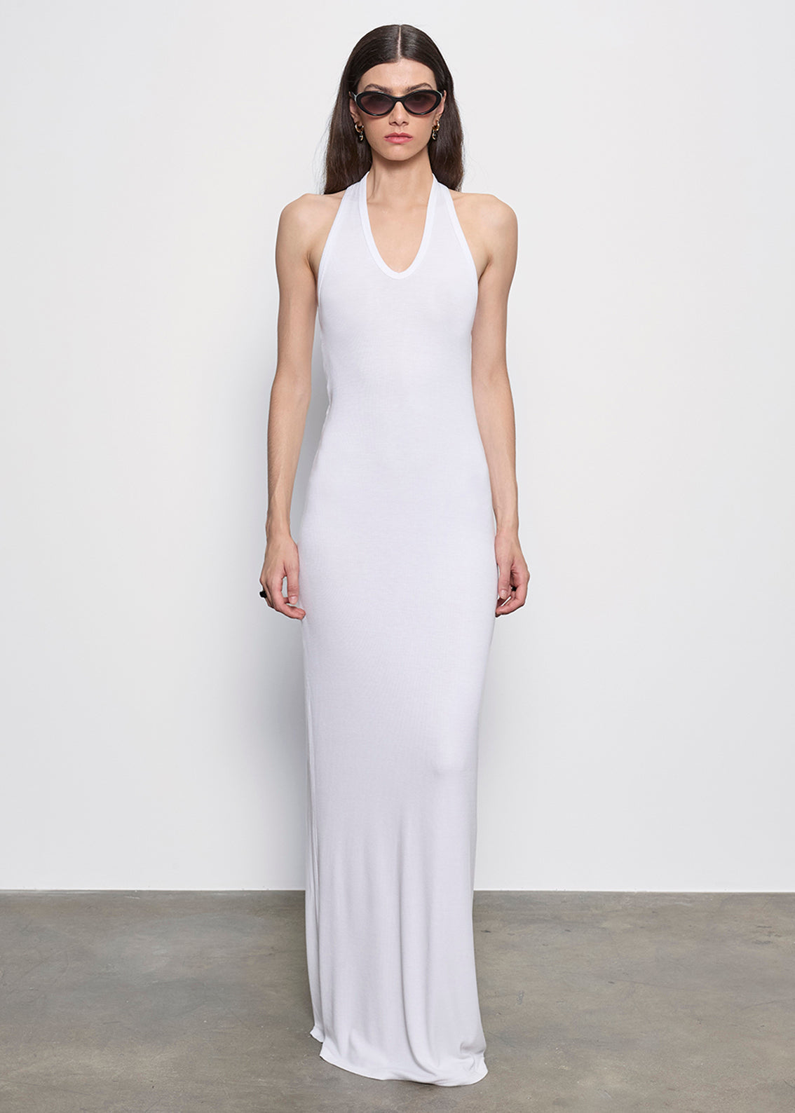 Silk Rib U Halter Fluid Maxi Dress | White