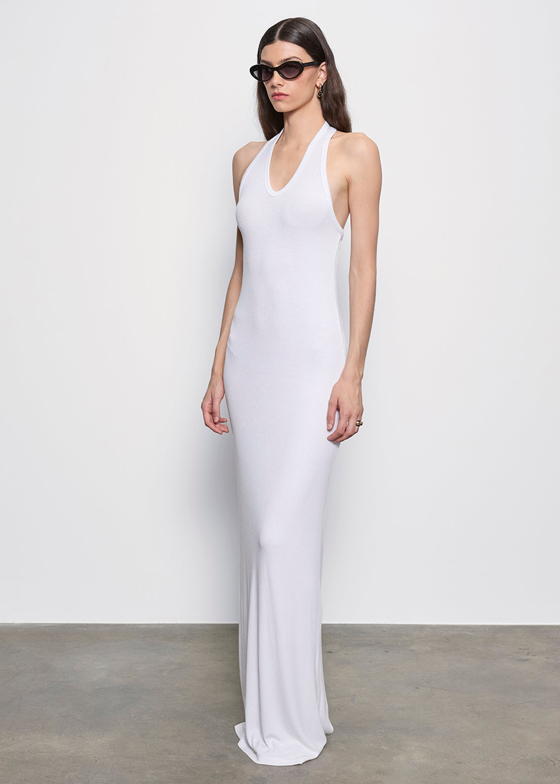 Silk Rib U Halter Fluid Maxi Dress | White