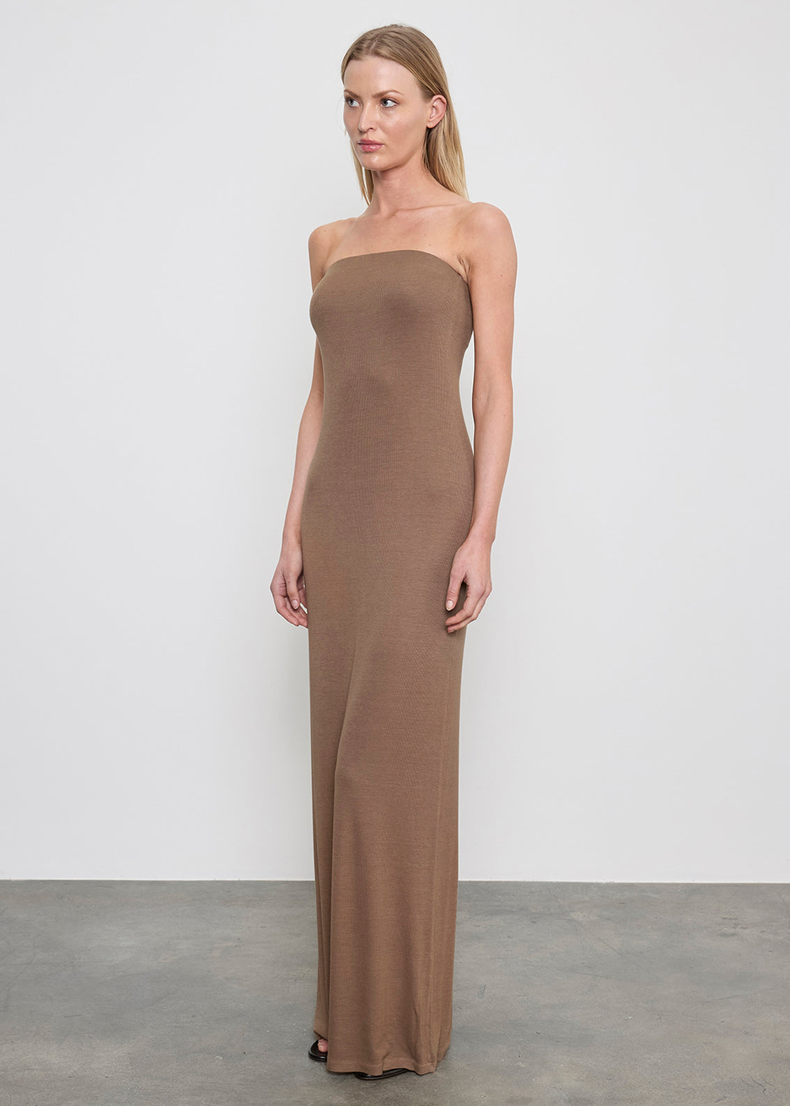Silk Rib Strapless Fluid Dress | Army