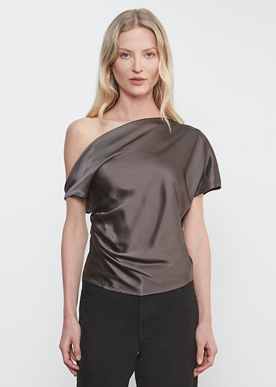 Silk Satin Asymmetrical Drape Top | Gunmetal