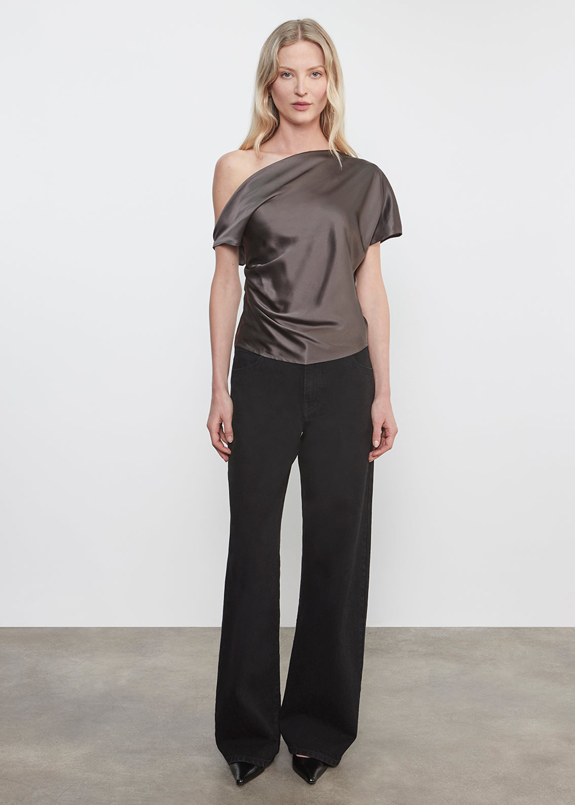 Silk Satin Asymmetrical Drape Top | Gunmetal