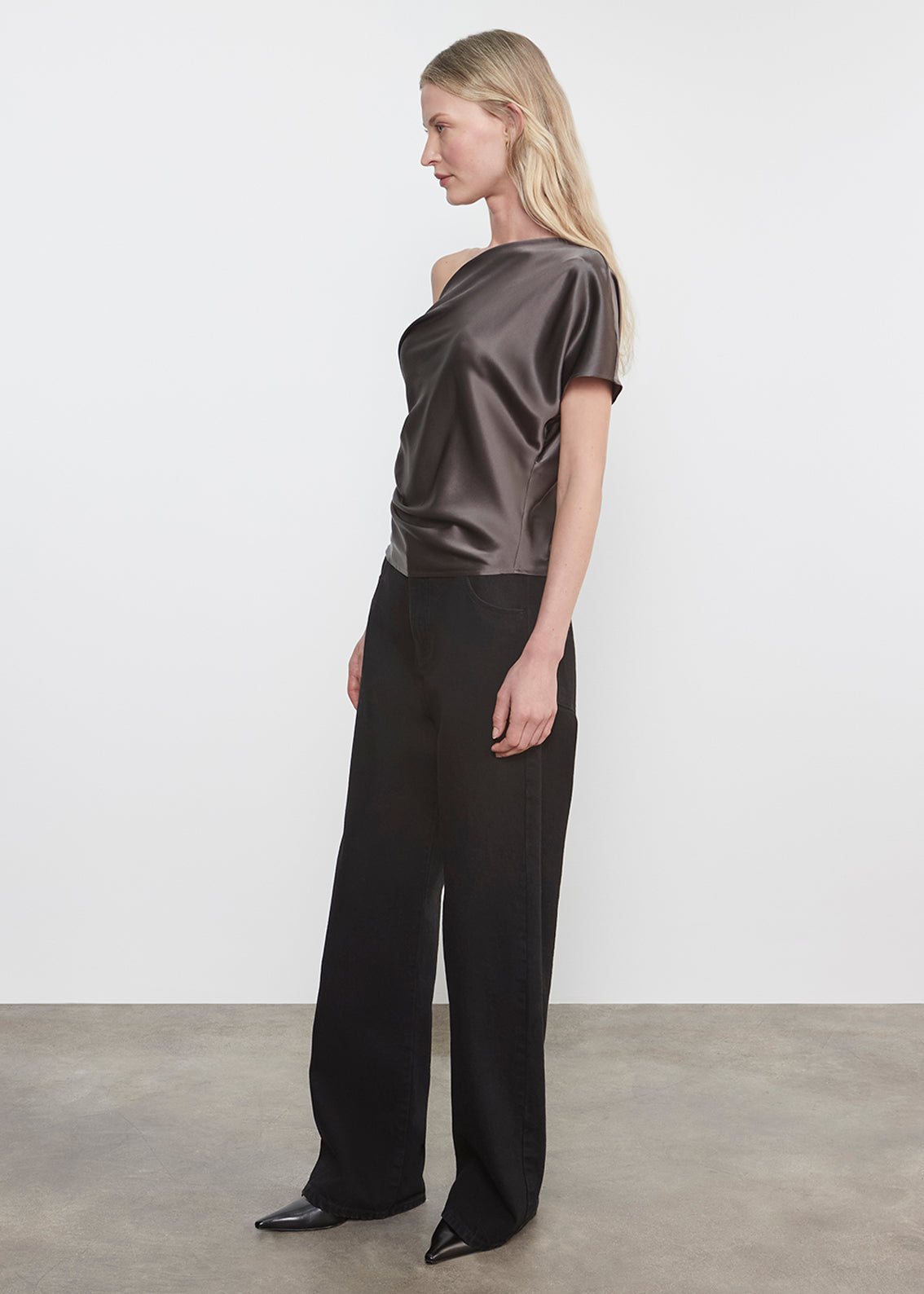 Silk Satin Asymmetrical Drape Top | Gunmetal – Enza Costa