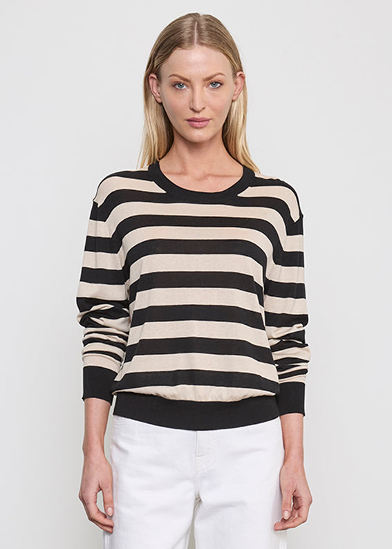 Stripe Silk Knit Crew |  Black/Wheat Stripe