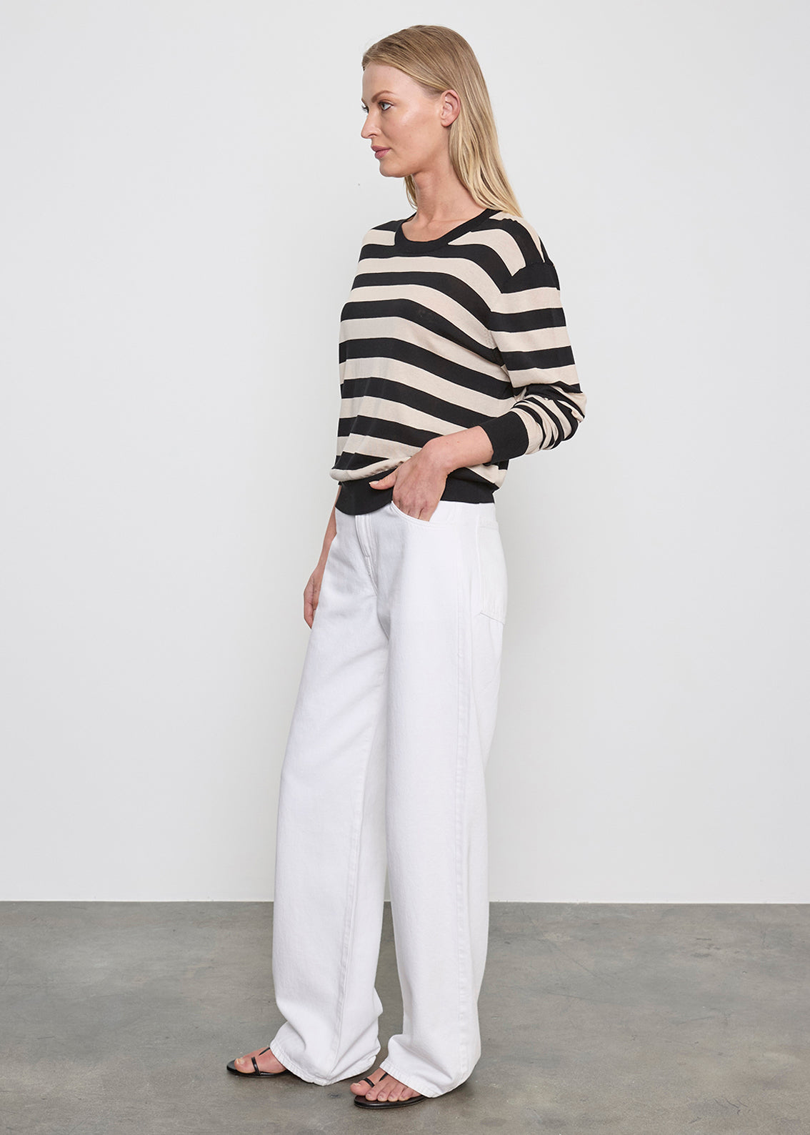 Stripe Silk Knit Crew |  Black/Wheat Stripe