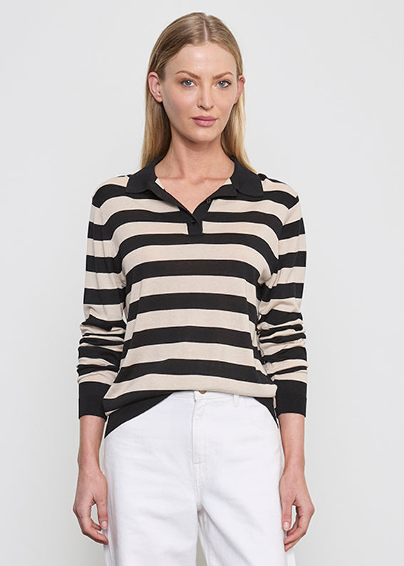 Stripe Silk Knit Polo | Black Wheat Stripe