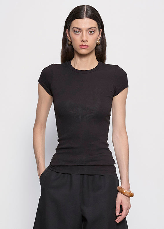 Textured Knit Cap Sleeve Crew | Black