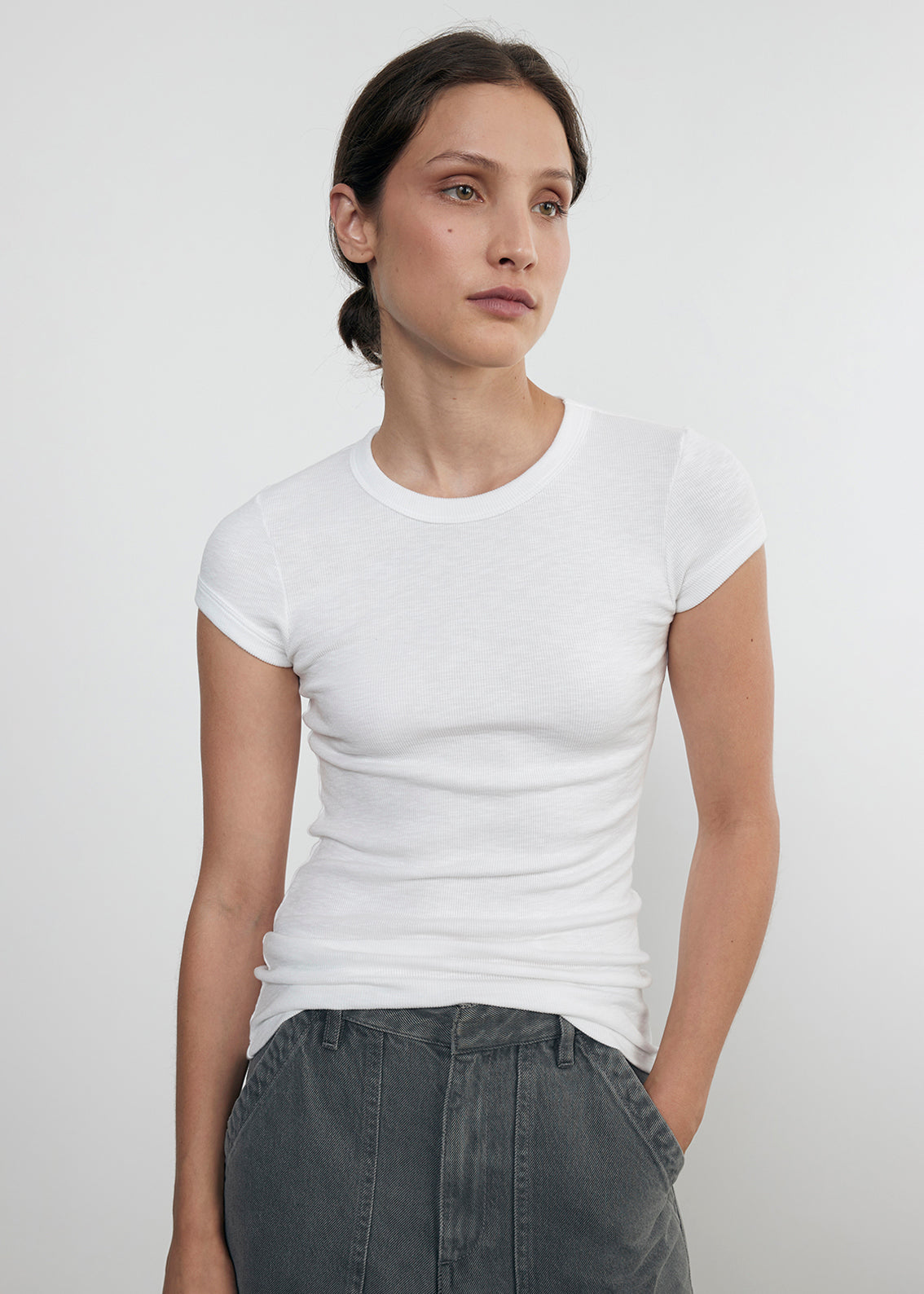 Textured Rib Cap Sleeve Crew | White