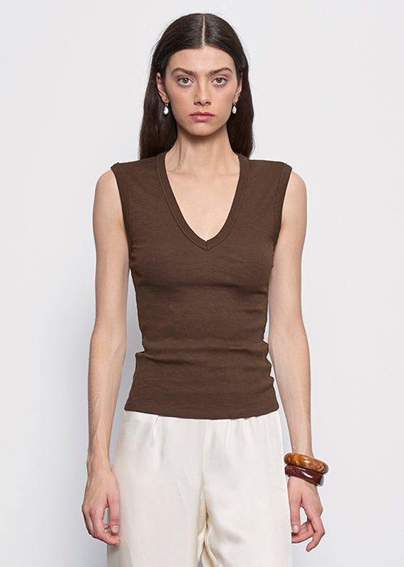 Textured Knit Sleeveless V | Chocolate