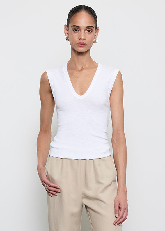 Textured Knit Sleeveless V | White
