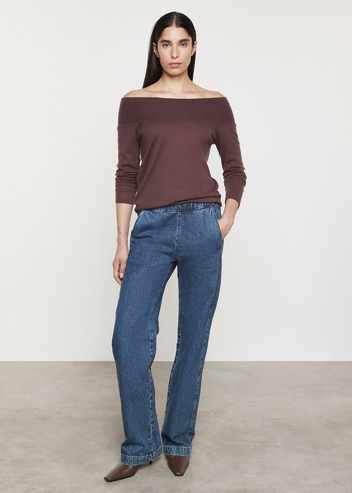 Tissue Cashmere Exposed Shoulder Sweater | Brown