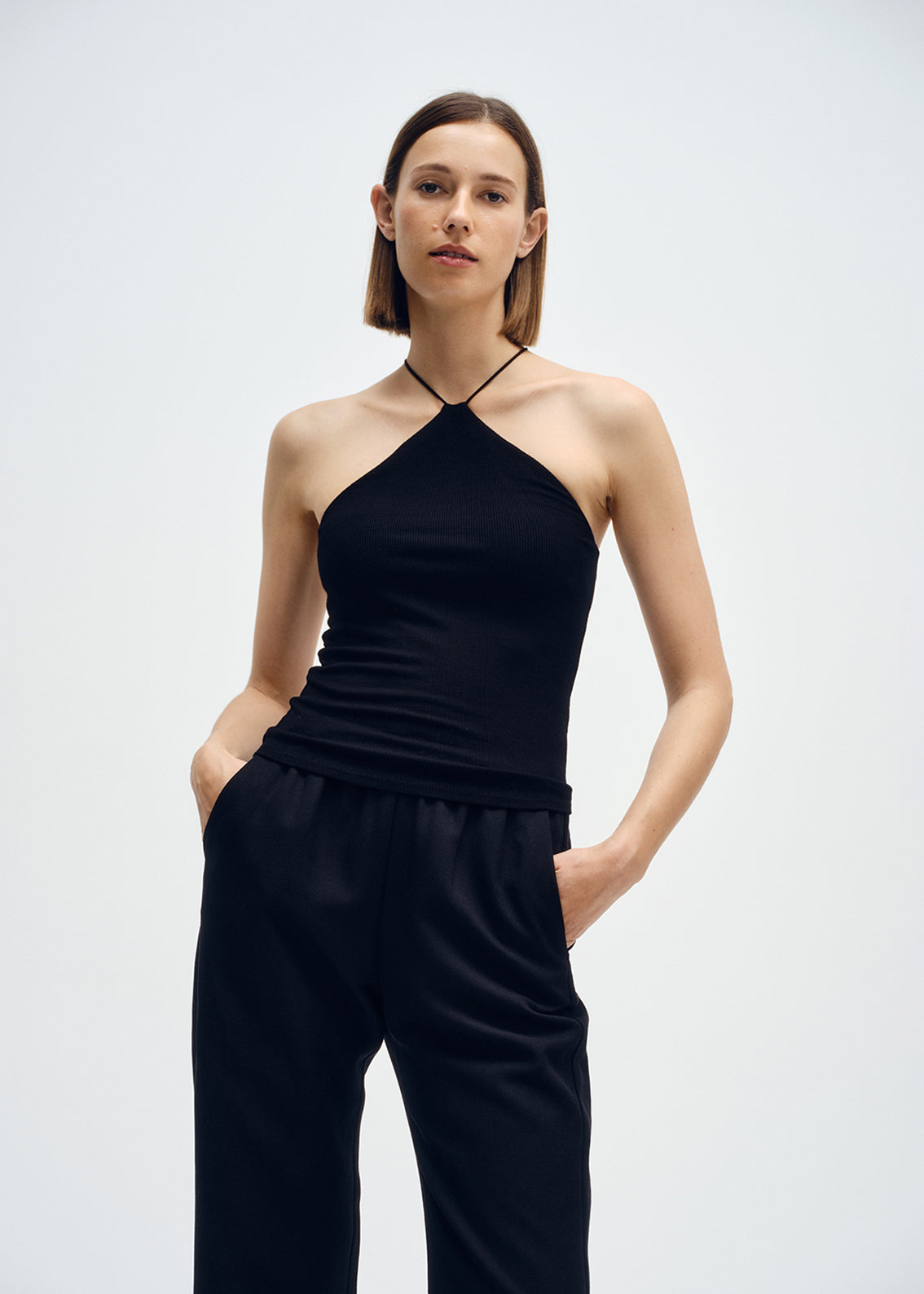 Silk Rib Halter Tank | Black