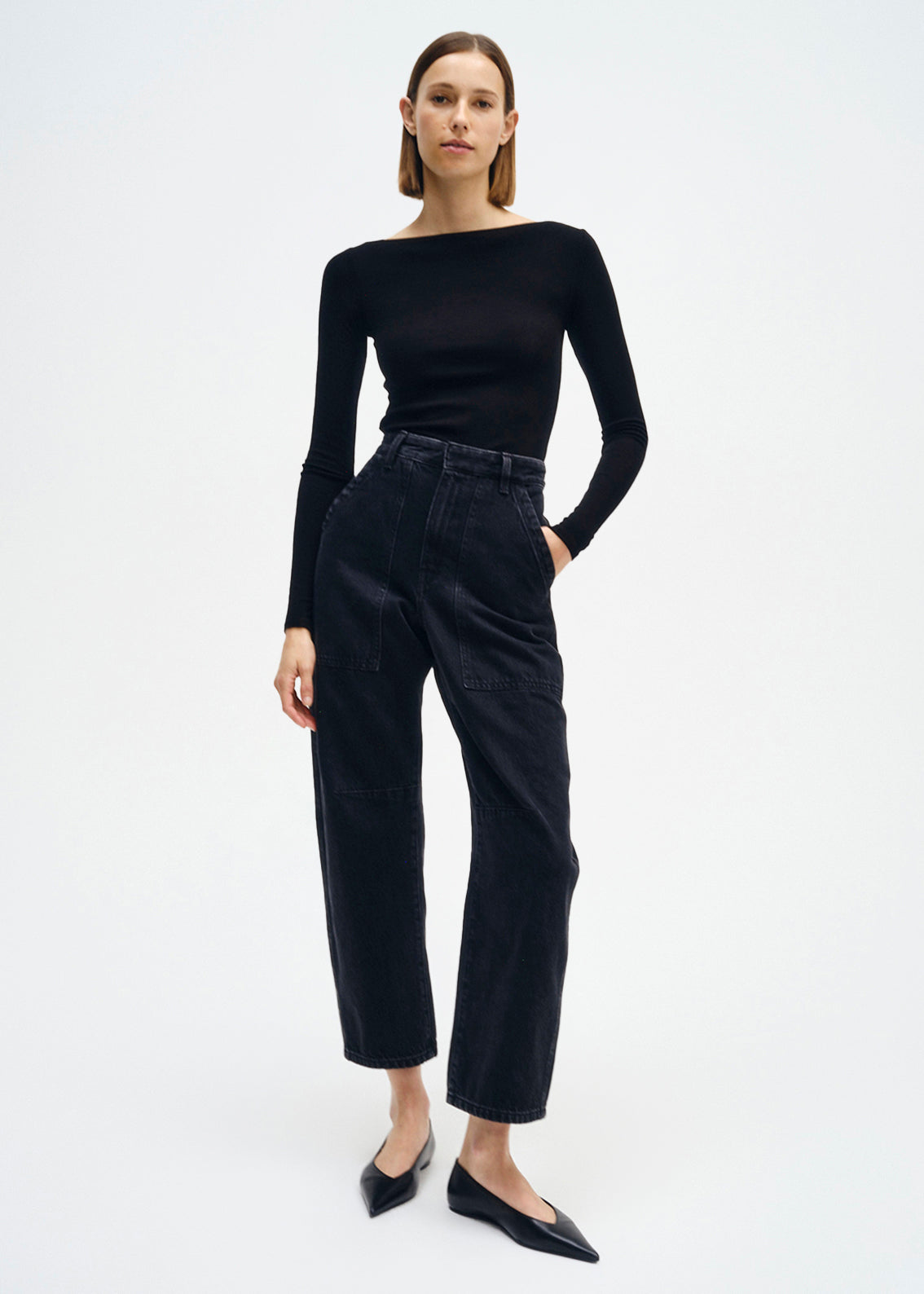 Silk Rib Boatneck Top | Black