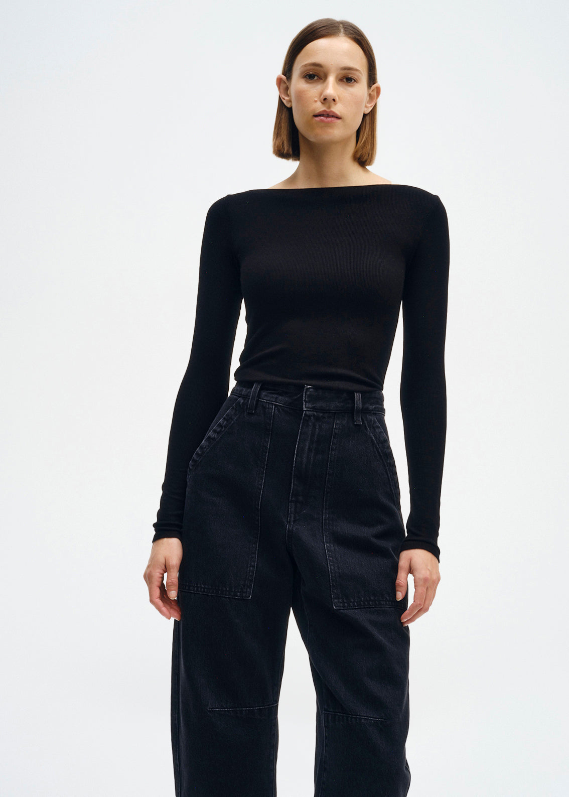 Silk Rib Boatneck Top | Black