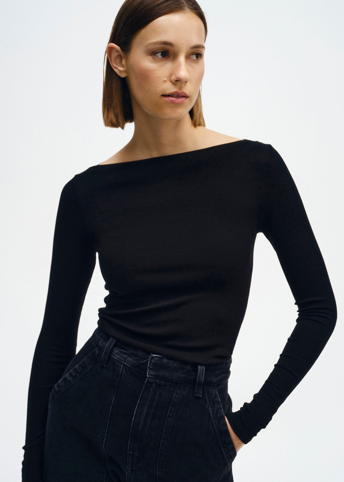 Silk Rib Boatneck Top | Black